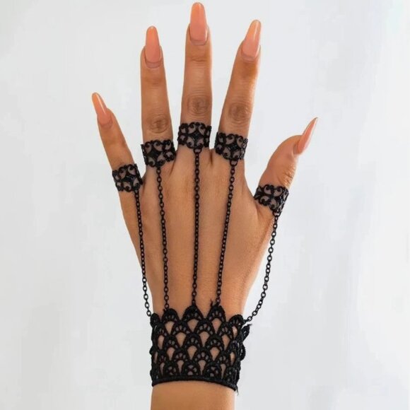 Black Metallic Lace Bracelet With Attached Finger Rings, Goth, Halloween - Picture 6 of 6